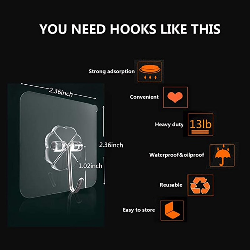 Transparent Surface Hook  |  Punch Free, Nail Free, No Drilling No Hole Stainless Steel Wall Hanger In Transparent Color