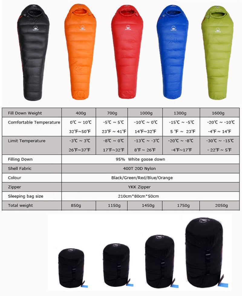 Light Weighted Thermal Mummy Style White Goose Down Sleeping Bag For All Seasons Travel