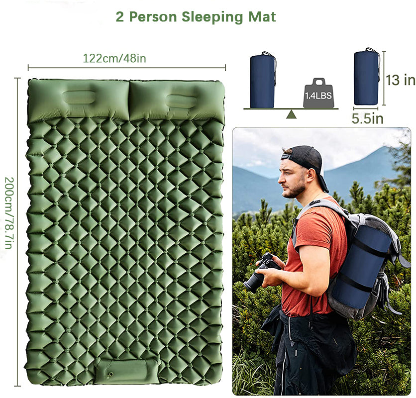 Camping Sleeping Pad Inflatable Foot Press Lightweight 2 Person  Air Mattress Mat with Pillow for Outdoor Hiking Traveling Backp