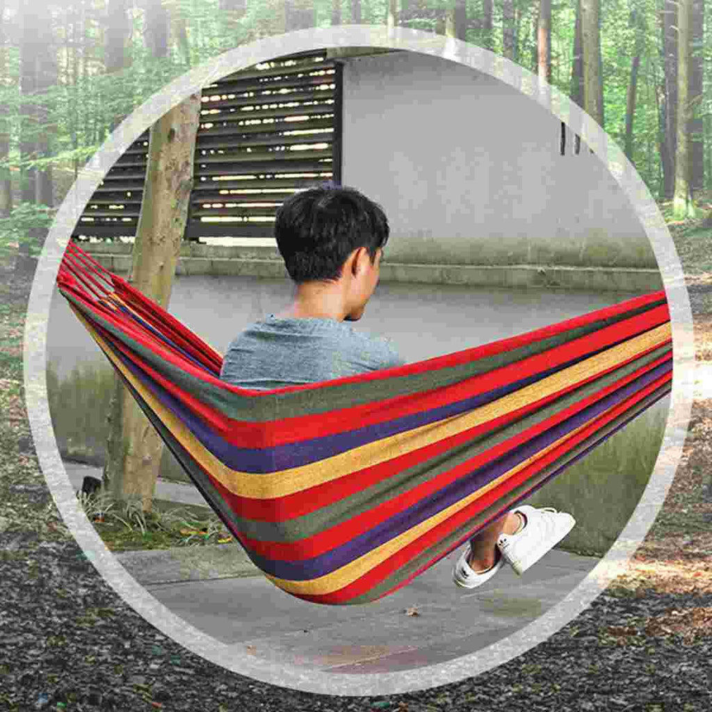 Outdoor Leisure Portable Multi-functional Hammocks Canvas Stripe Rainbow Swing for Camping Backpacking Travel (Red)