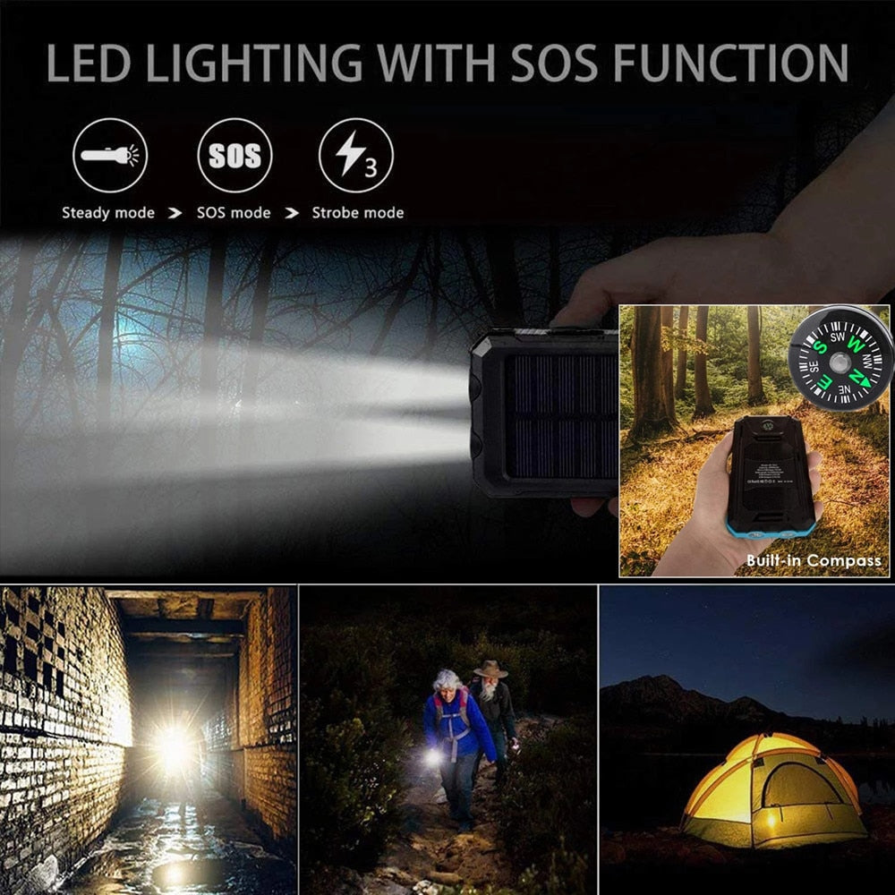 Outdoor Survival Camping Equipment 20000mAh Portable Waterproof Solar Power Charger Bank With LED Flashlights for Adventure Emer